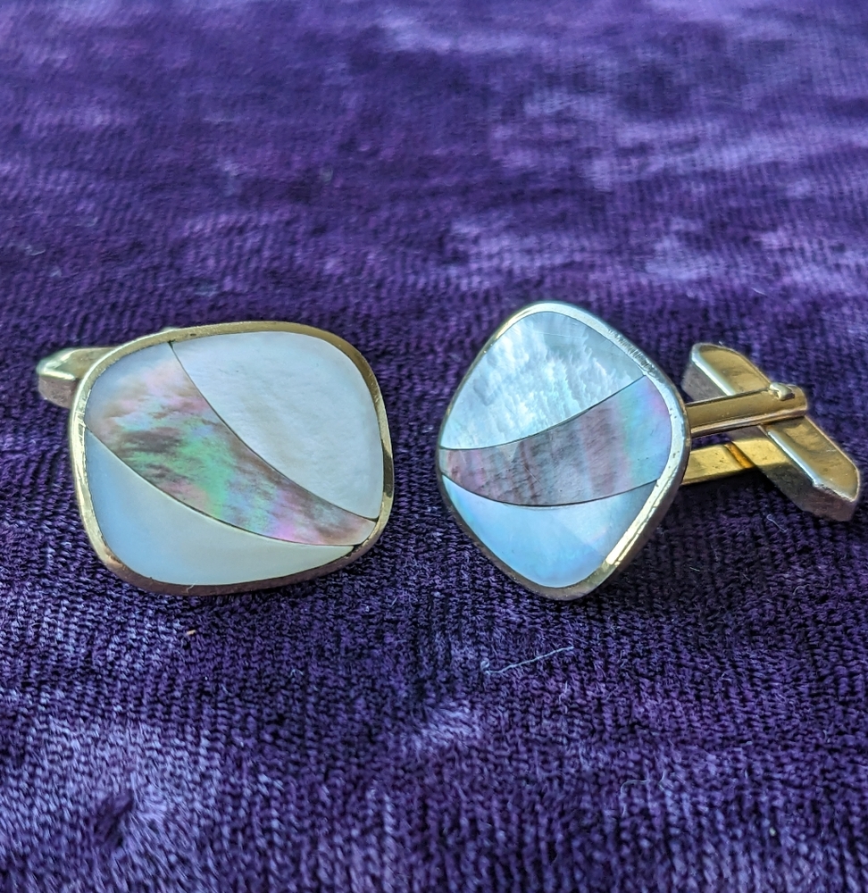 Vintage 10K Gold Plated Cufflinks With Mother Of Pearl Inlay